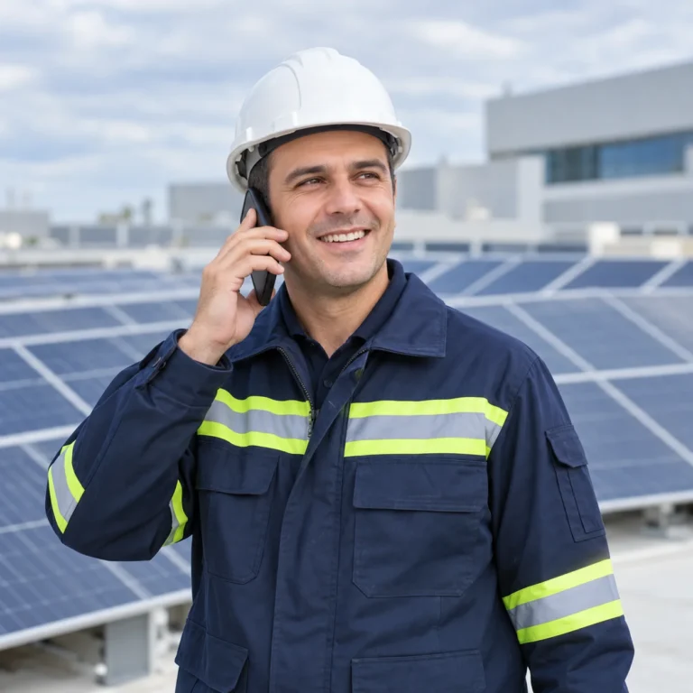 Güneş enerjisi kurulum alanında telefonla görüşen işletme sahibi